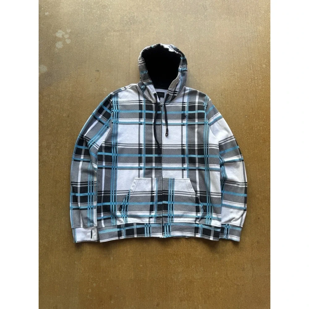 Hurley Heavyweight Plaid Zip Up Hoodie Jacket Skater Y2K Surfer Checkered (XL)